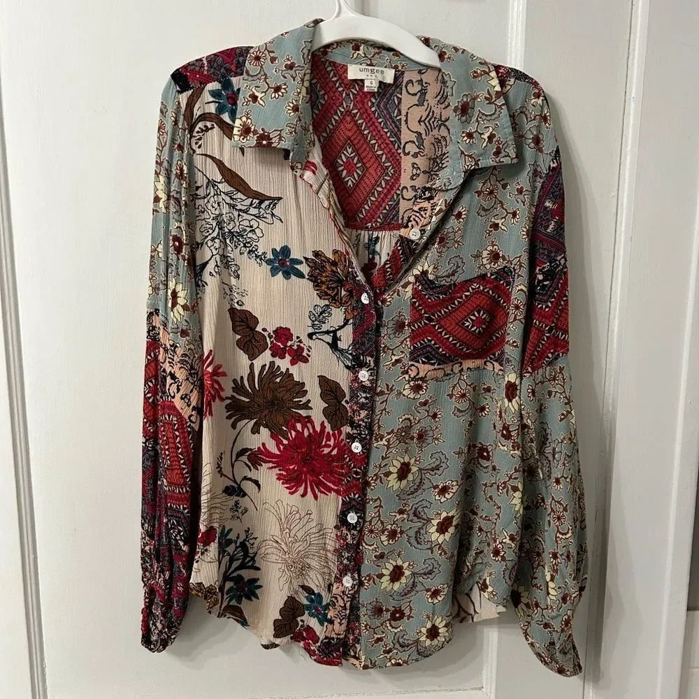 Umgee Multicolor Patchwork Button-Down Blouse - Picture 1 of 6